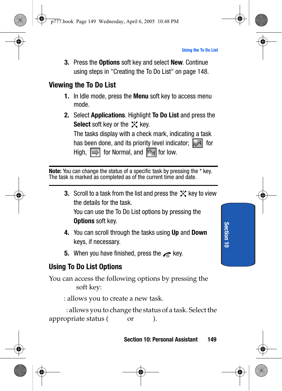 Viewing the to do list, Using to do list options | Samsung P O R T A B L E T R I - M O D E T E L E P H O N E SGH-P777 User Manual | Page 153 / 205