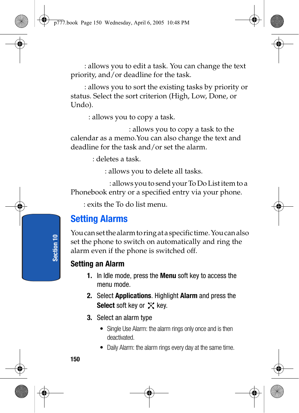 Setting alarms, Setting an alarm | Samsung P O R T A B L E T R I - M O D E T E L E P H O N E SGH-P777 User Manual | Page 154 / 205