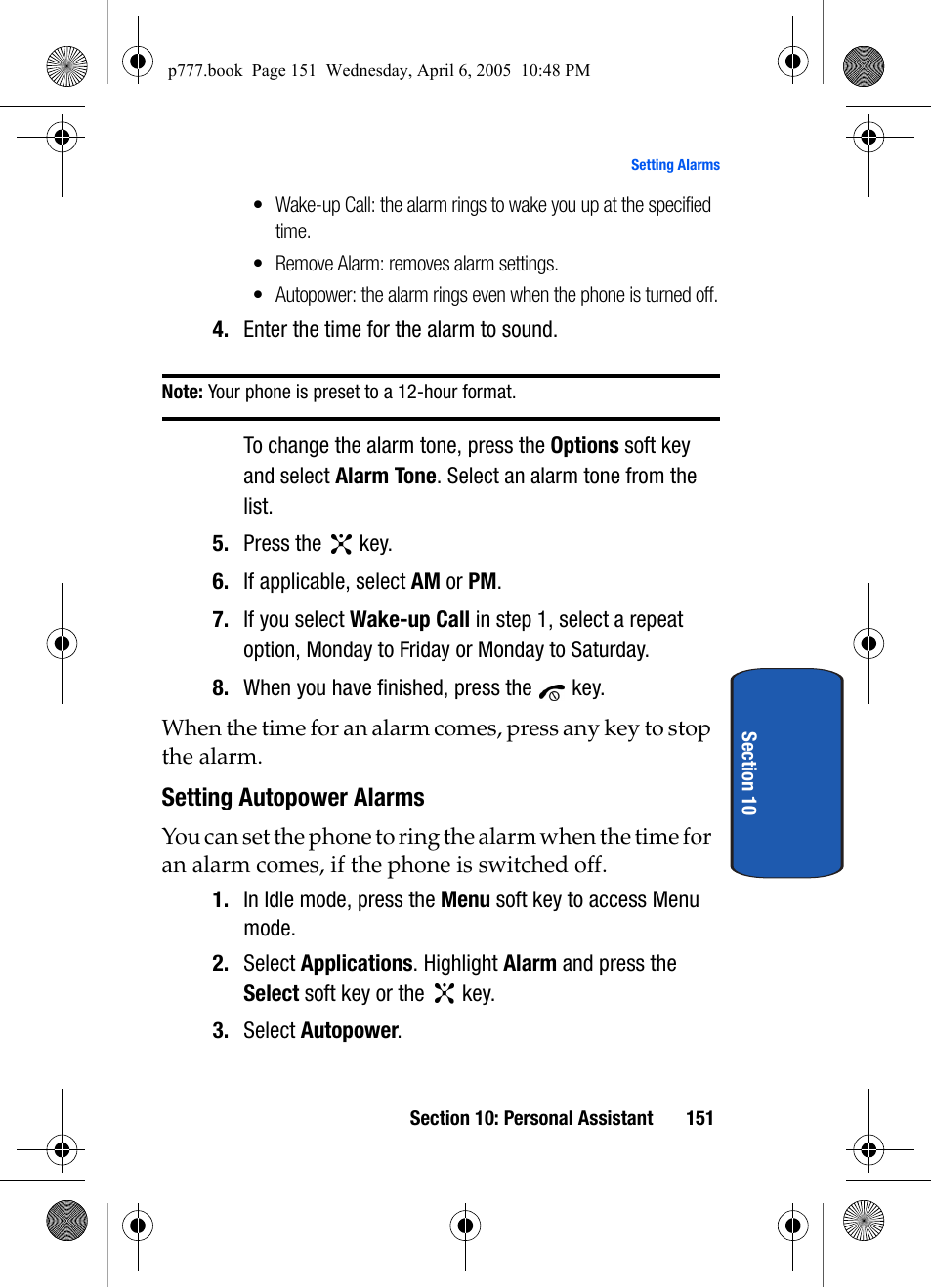 Setting autopower alarms | Samsung P O R T A B L E T R I - M O D E T E L E P H O N E SGH-P777 User Manual | Page 155 / 205