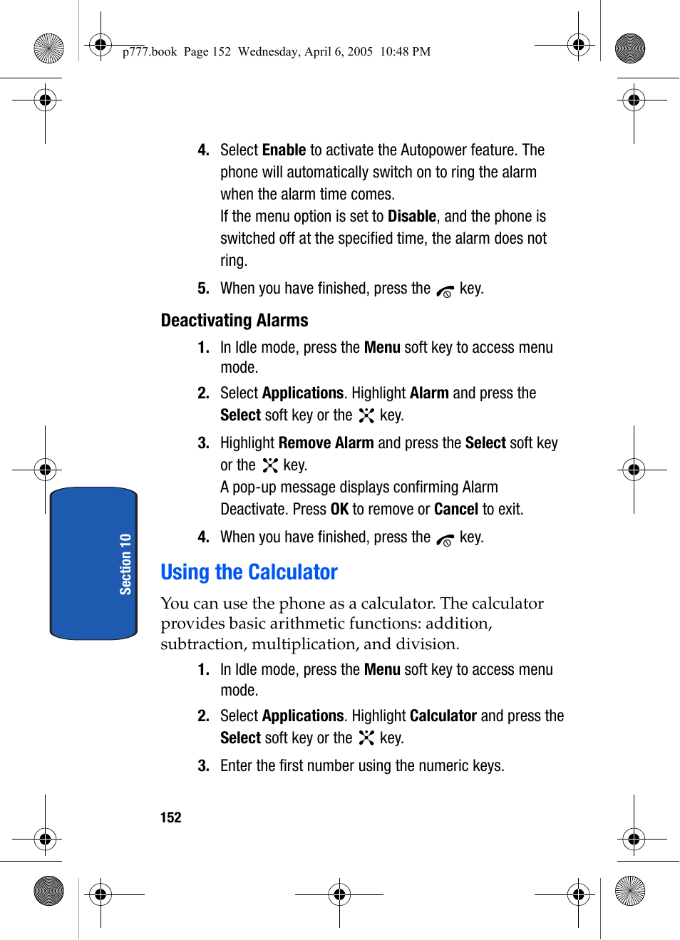 Deactivating alarms, Using the calculator | Samsung P O R T A B L E T R I - M O D E T E L E P H O N E SGH-P777 User Manual | Page 156 / 205