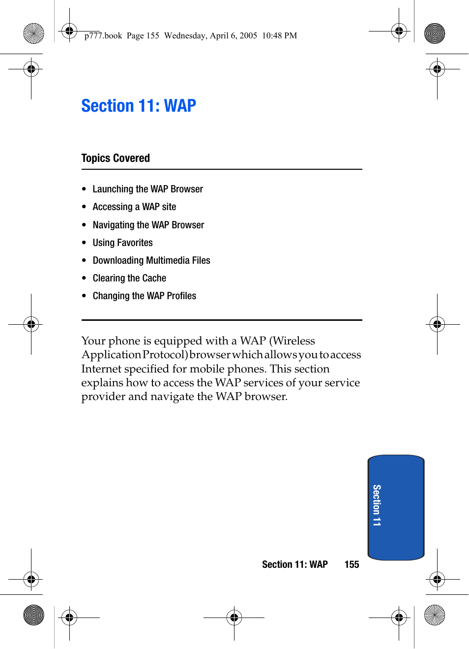 Section 11: wap | Samsung P O R T A B L E T R I - M O D E T E L E P H O N E SGH-P777 User Manual | Page 159 / 205