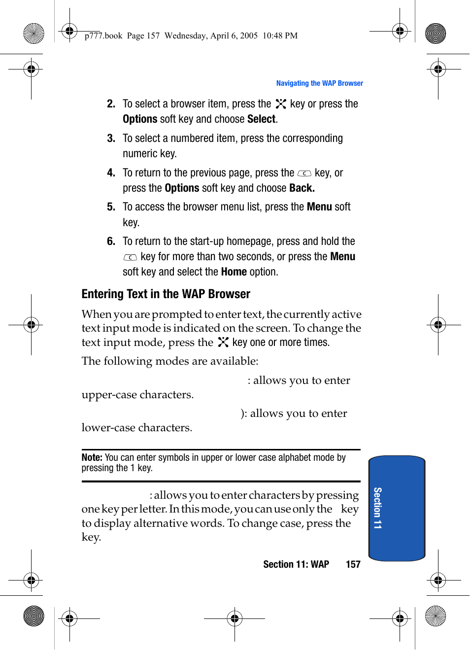 Entering text in the wap browser | Samsung P O R T A B L E T R I - M O D E T E L E P H O N E SGH-P777 User Manual | Page 161 / 205
