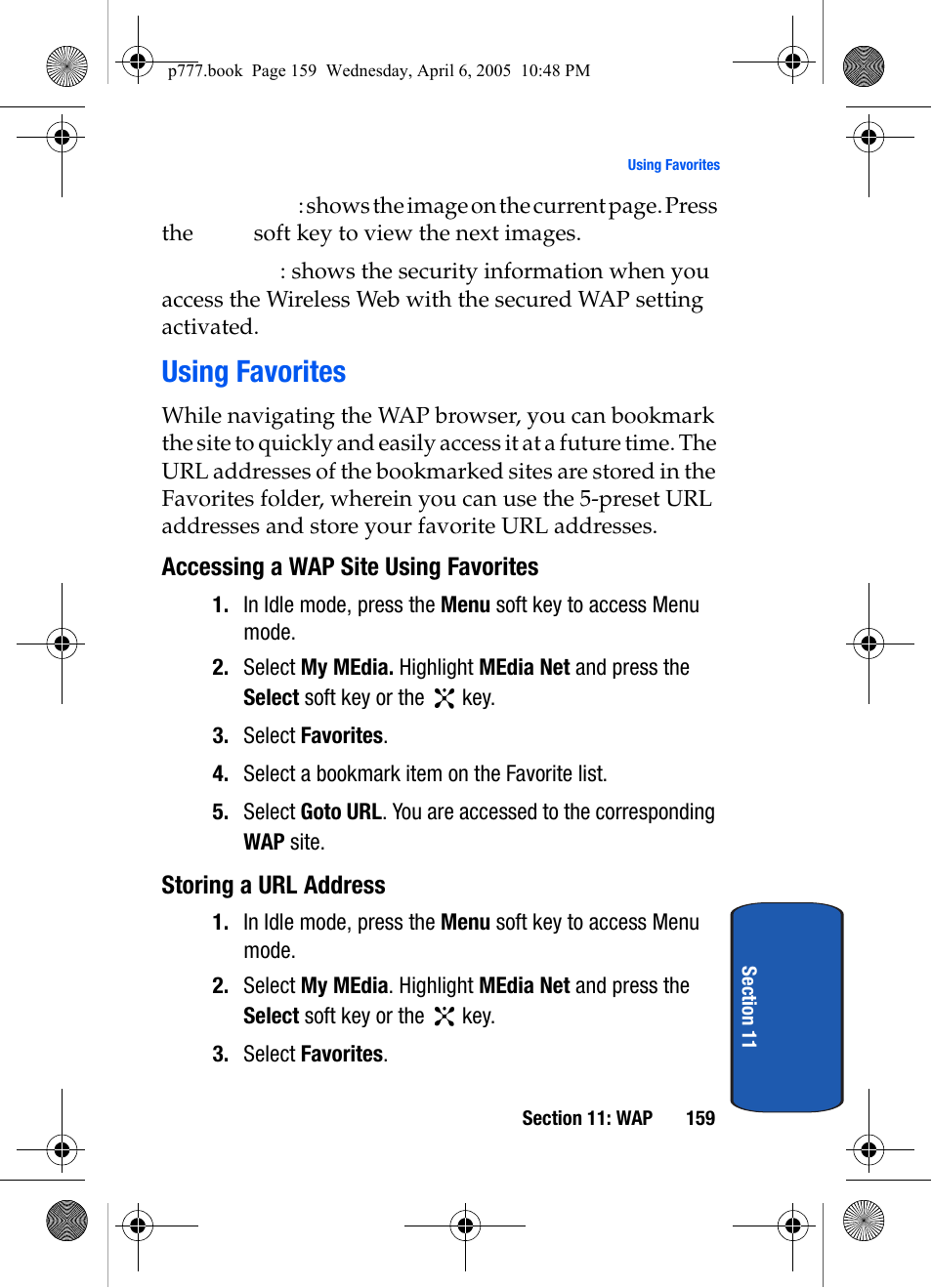 Using favorites, Accessing a wap site using favorites, Storing a url address | Samsung P O R T A B L E T R I - M O D E T E L E P H O N E SGH-P777 User Manual | Page 163 / 205