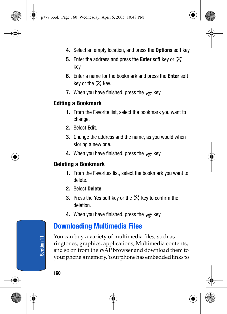 Editing a bookmark, Deleting a bookmark, Downloading multimedia files | Samsung P O R T A B L E T R I - M O D E T E L E P H O N E SGH-P777 User Manual | Page 164 / 205