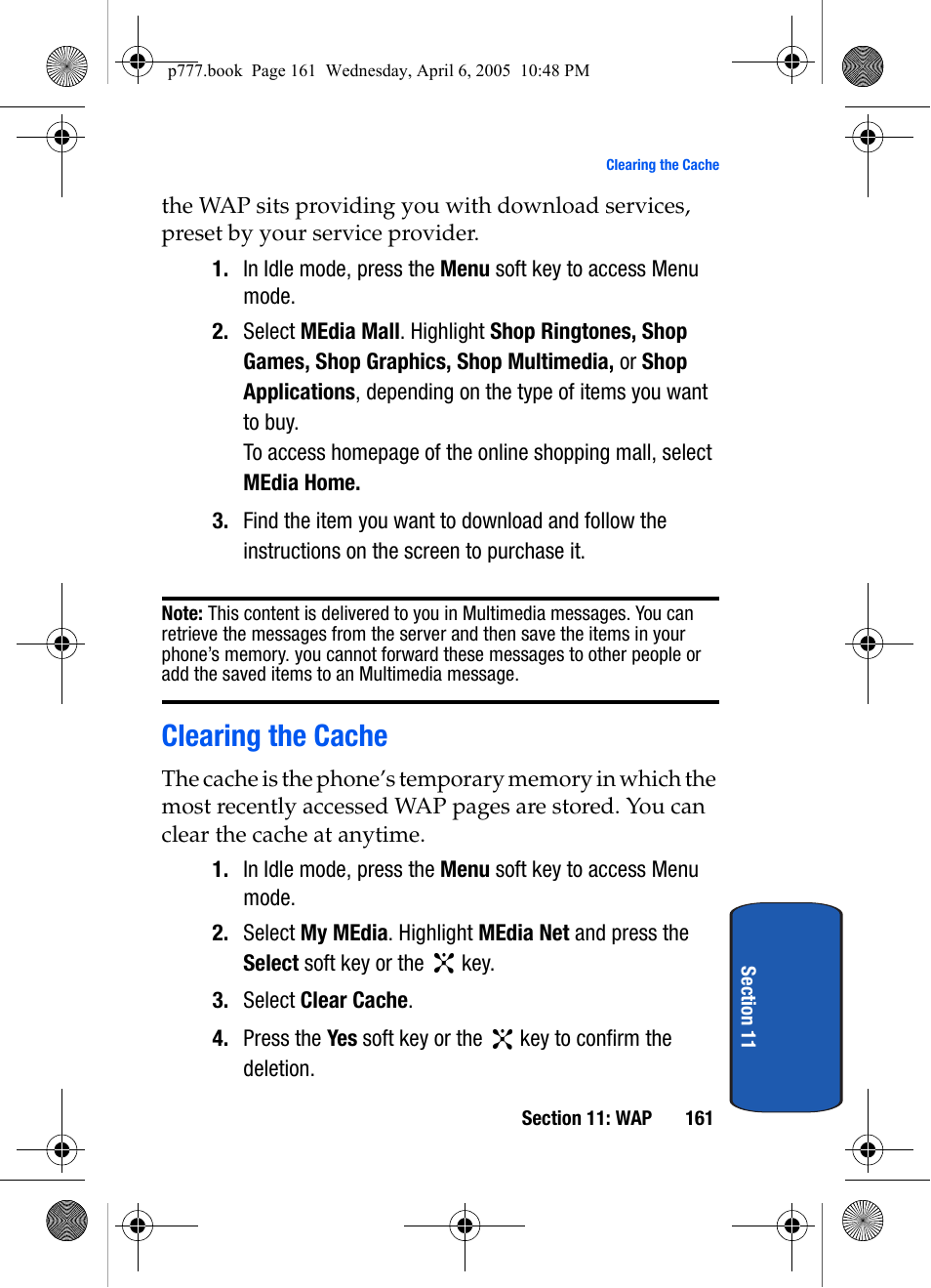 Clearing the cache | Samsung P O R T A B L E T R I - M O D E T E L E P H O N E SGH-P777 User Manual | Page 165 / 205