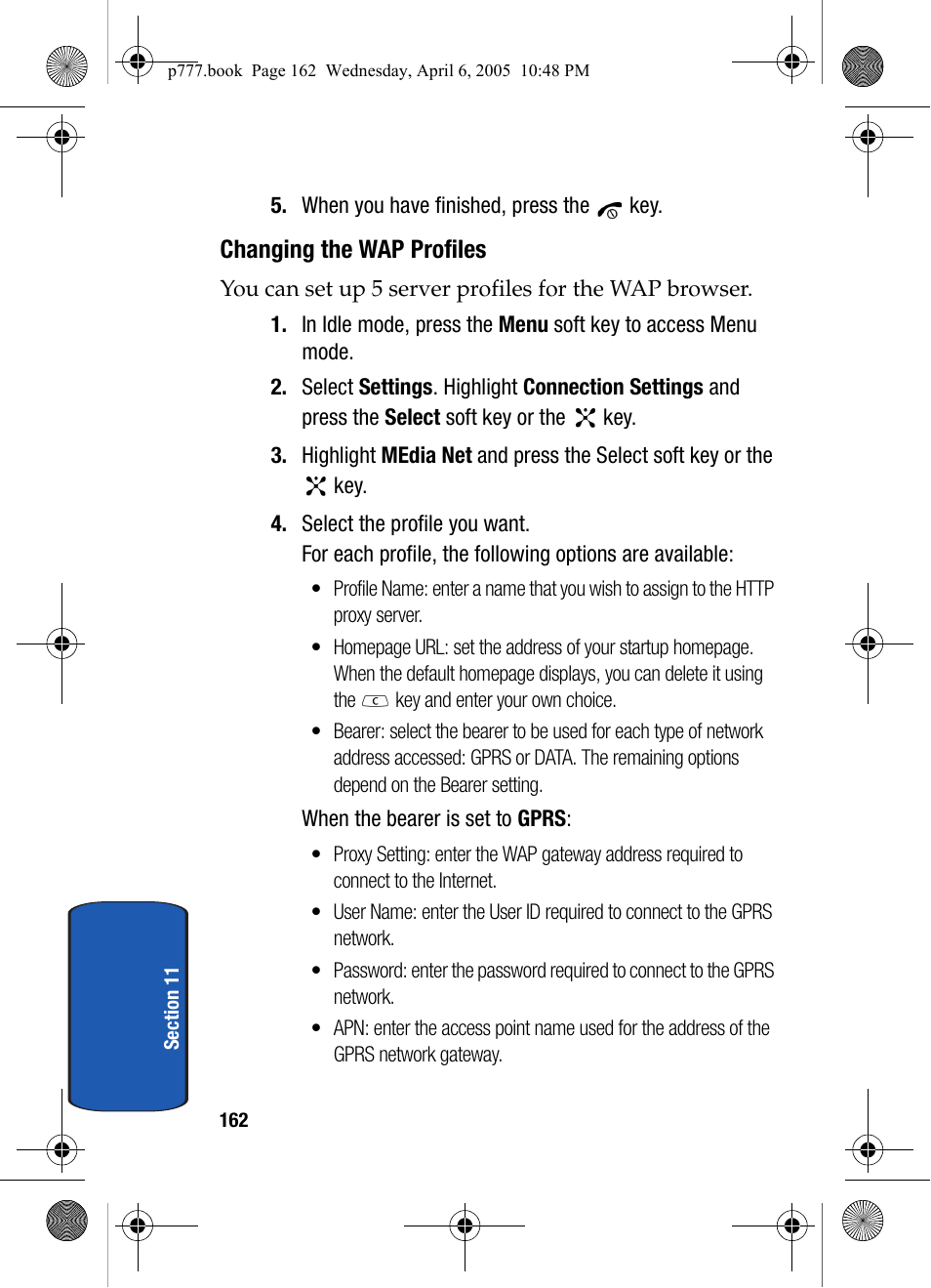 Changing the wap profiles | Samsung P O R T A B L E T R I - M O D E T E L E P H O N E SGH-P777 User Manual | Page 166 / 205