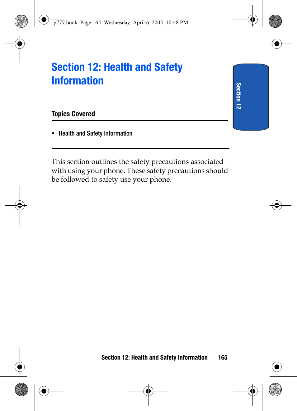 Section 12: health and safety information | Samsung P O R T A B L E T R I - M O D E T E L E P H O N E SGH-P777 User Manual | Page 169 / 205