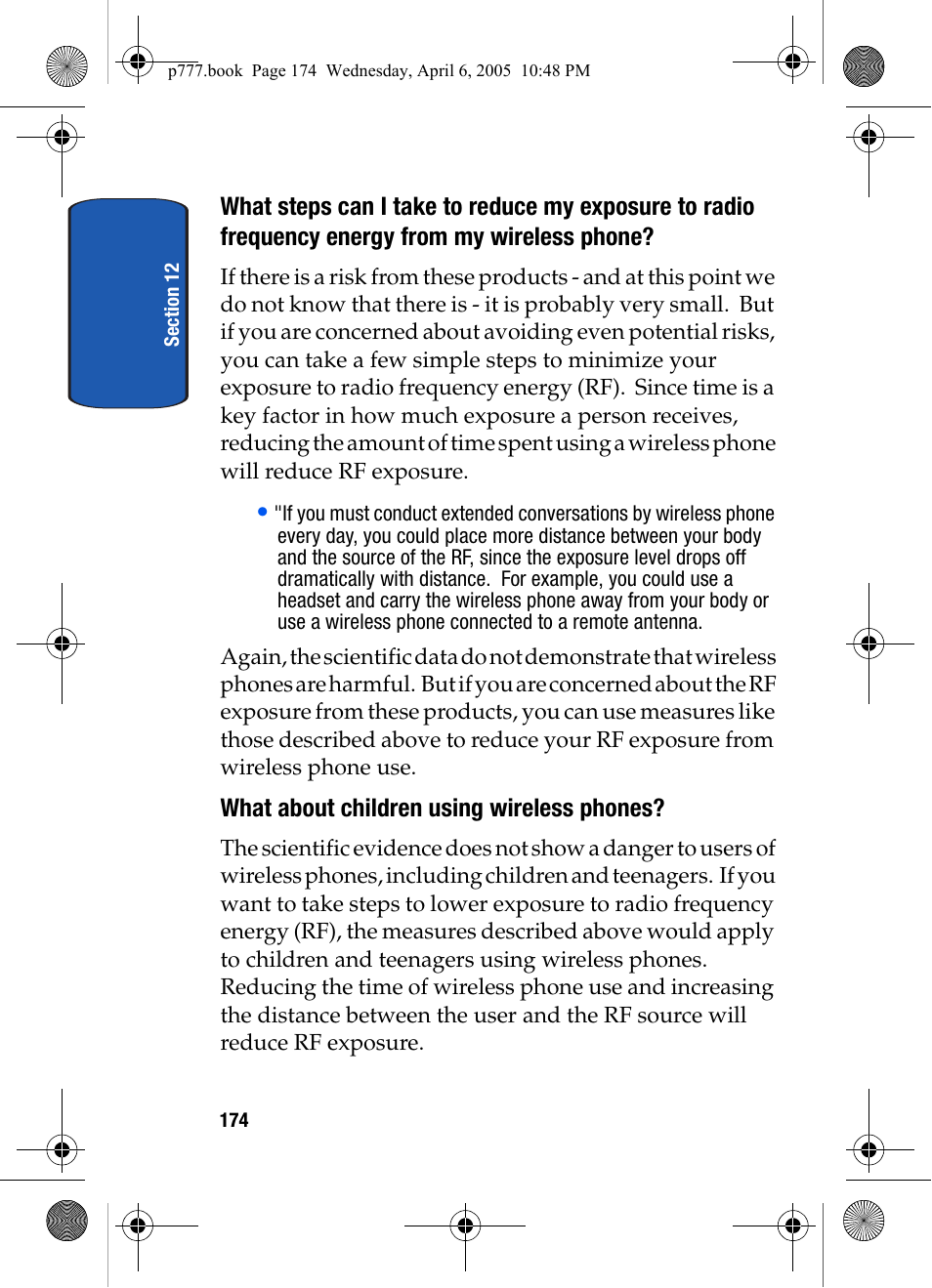 What about children using wireless phones | Samsung P O R T A B L E T R I - M O D E T E L E P H O N E SGH-P777 User Manual | Page 178 / 205