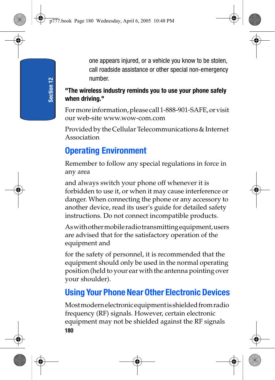 Operating environment, Using your phone near other electronic devices | Samsung P O R T A B L E T R I - M O D E T E L E P H O N E SGH-P777 User Manual | Page 184 / 205