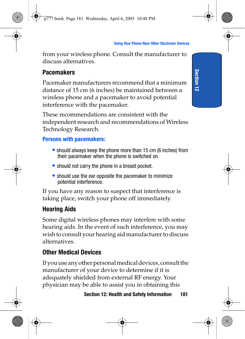 Pacemakers, Persons with pacemakers, Hearing aids | Other medical devices | Samsung P O R T A B L E T R I - M O D E T E L E P H O N E SGH-P777 User Manual | Page 185 / 205