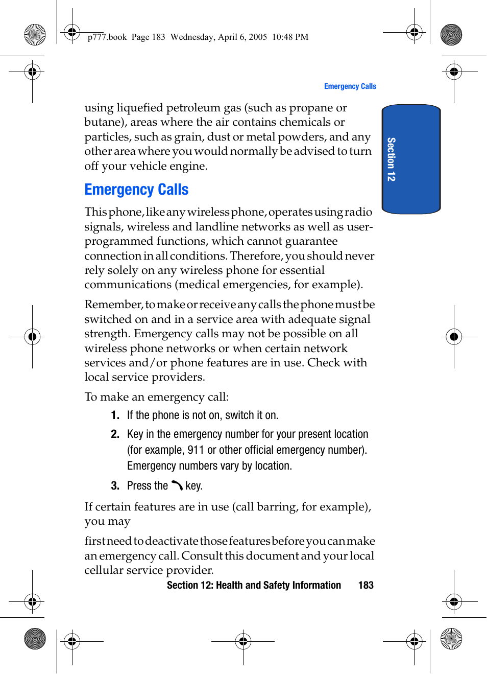 Emergency calls | Samsung P O R T A B L E T R I - M O D E T E L E P H O N E SGH-P777 User Manual | Page 187 / 205