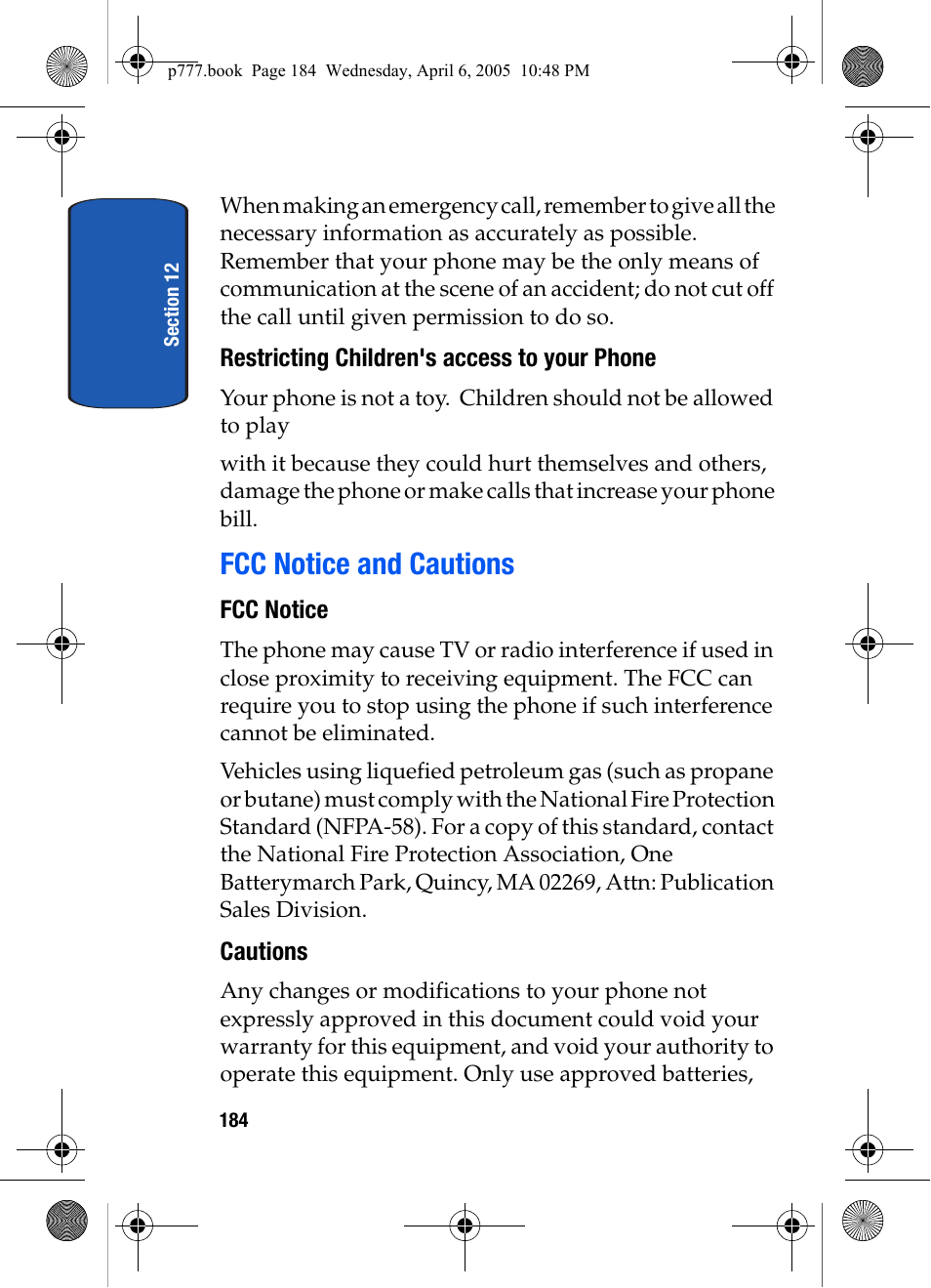 Restricting children's access to your phone, Fcc notice and cautions, Fcc notice | Cautions | Samsung P O R T A B L E T R I - M O D E T E L E P H O N E SGH-P777 User Manual | Page 188 / 205