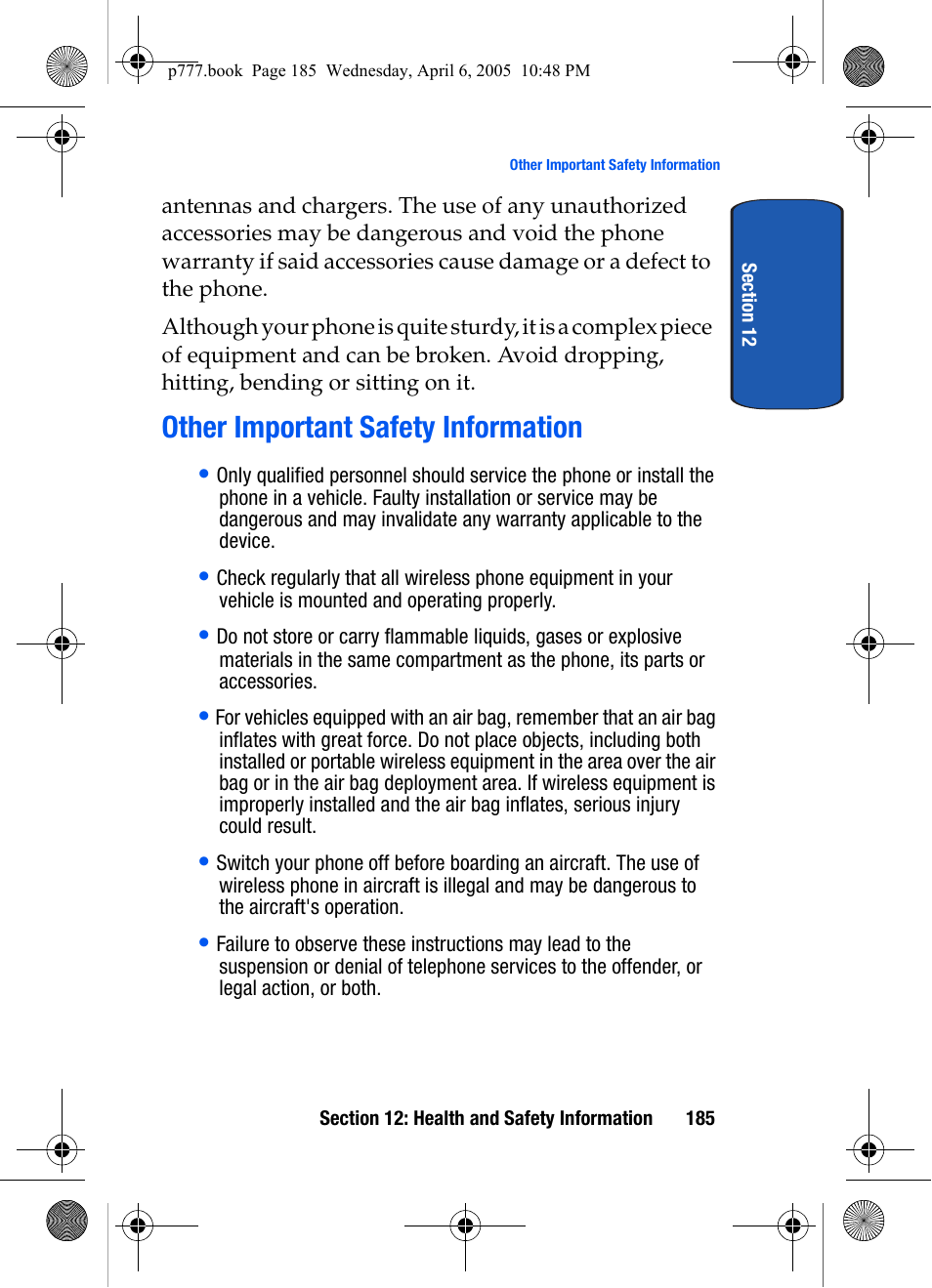 Other important safety information | Samsung P O R T A B L E T R I - M O D E T E L E P H O N E SGH-P777 User Manual | Page 189 / 205
