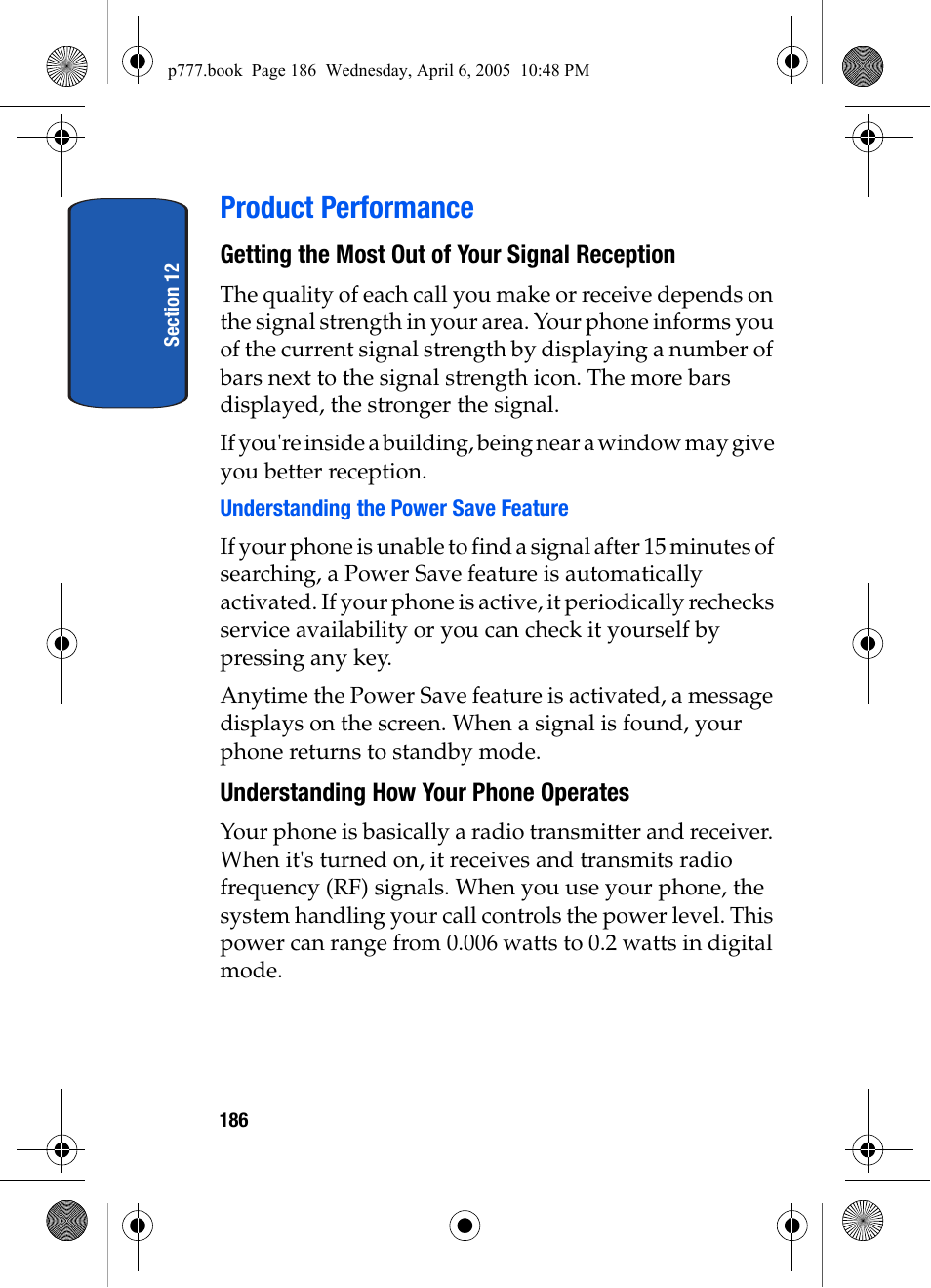 Product performance, Getting the most out of your signal reception, Understanding the power save feature | Understanding how your phone operates | Samsung P O R T A B L E T R I - M O D E T E L E P H O N E SGH-P777 User Manual | Page 190 / 205