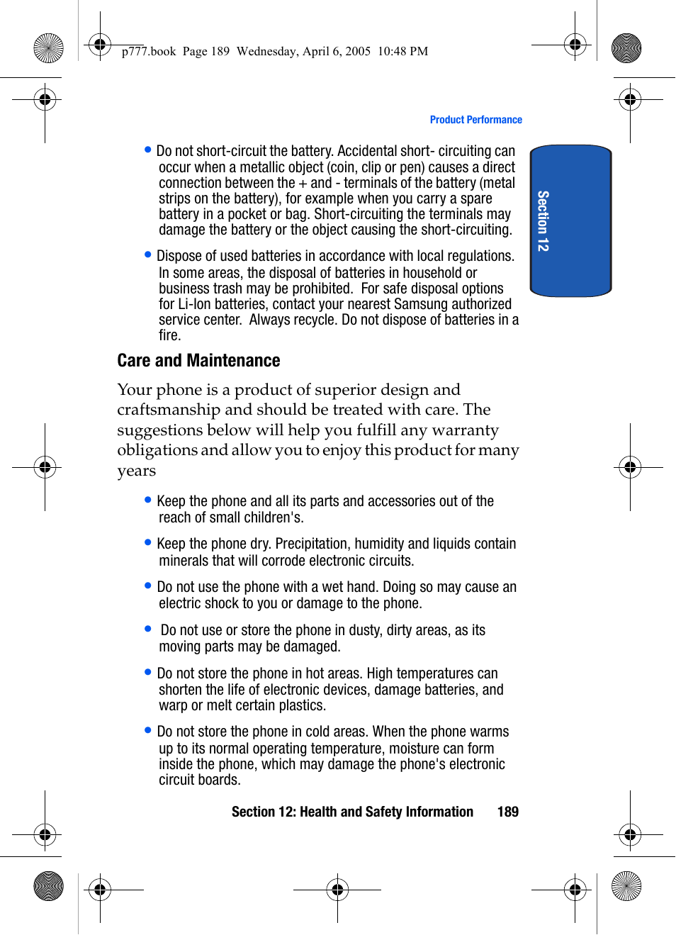 Care and maintenance | Samsung P O R T A B L E T R I - M O D E T E L E P H O N E SGH-P777 User Manual | Page 193 / 205