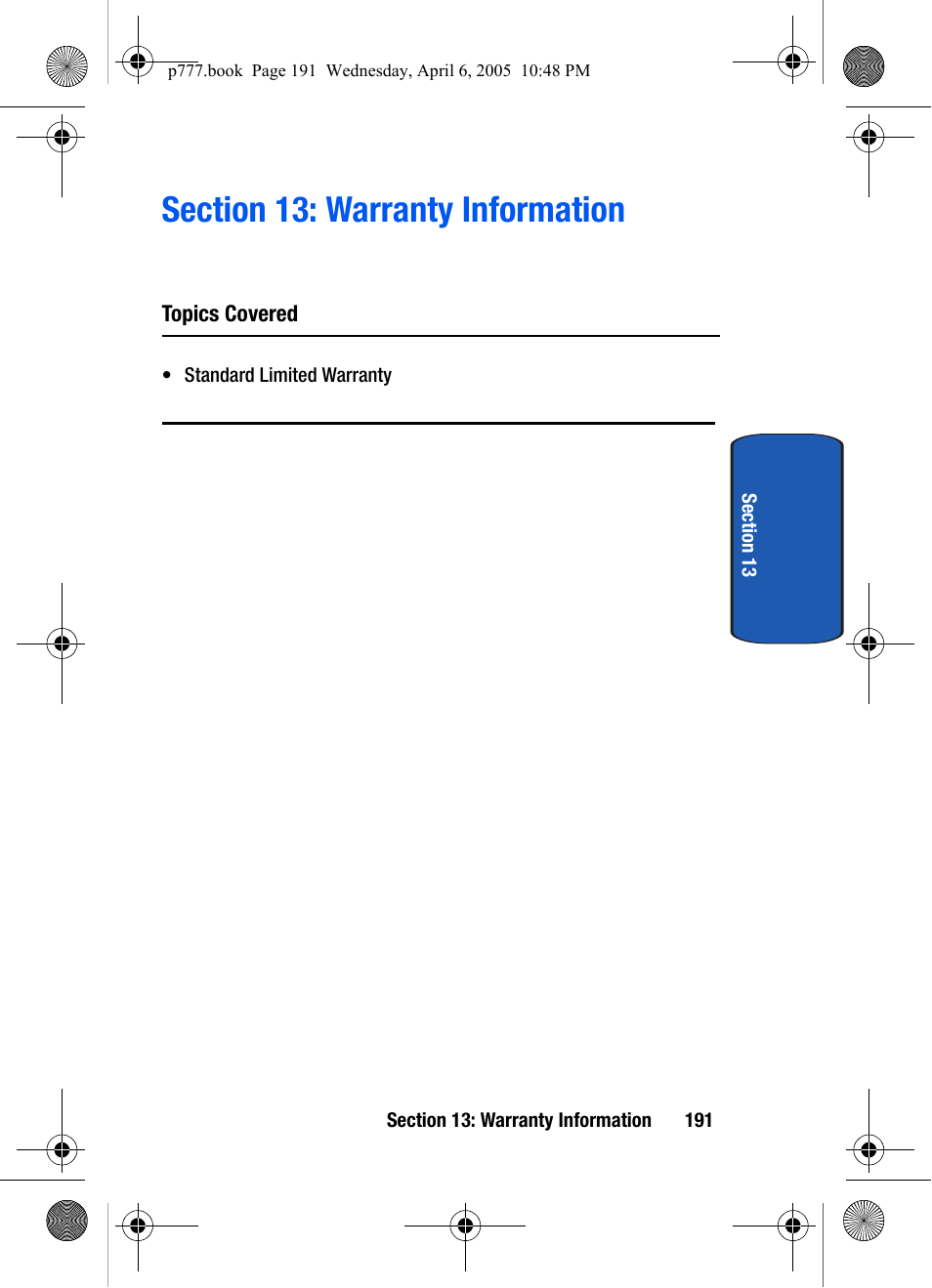 Section 13: warranty information | Samsung P O R T A B L E T R I - M O D E T E L E P H O N E SGH-P777 User Manual | Page 195 / 205