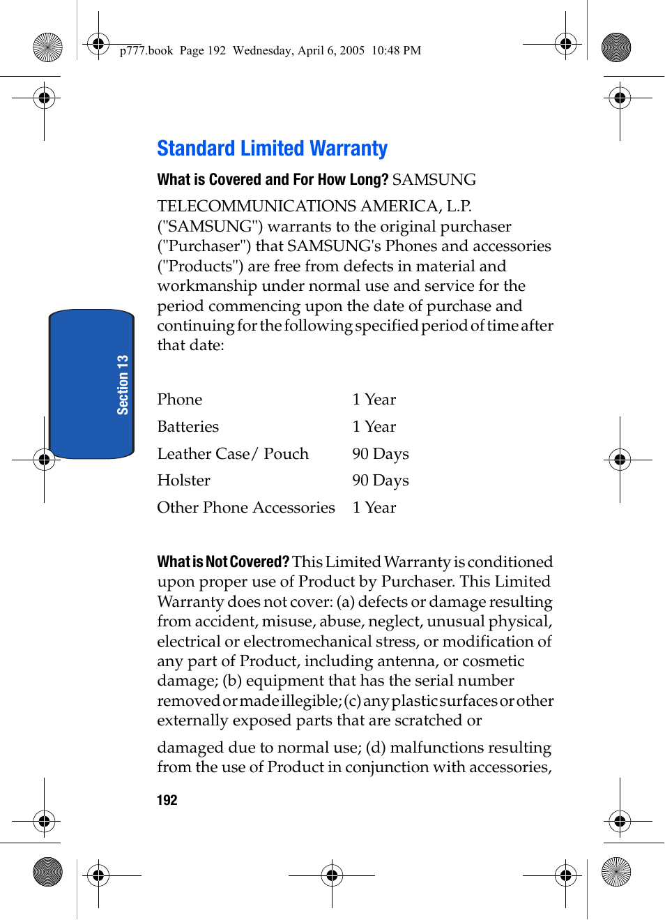 Standard limited warranty | Samsung P O R T A B L E T R I - M O D E T E L E P H O N E SGH-P777 User Manual | Page 196 / 205