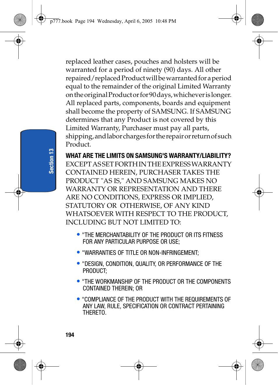 Samsung P O R T A B L E T R I - M O D E T E L E P H O N E SGH-P777 User Manual | Page 198 / 205