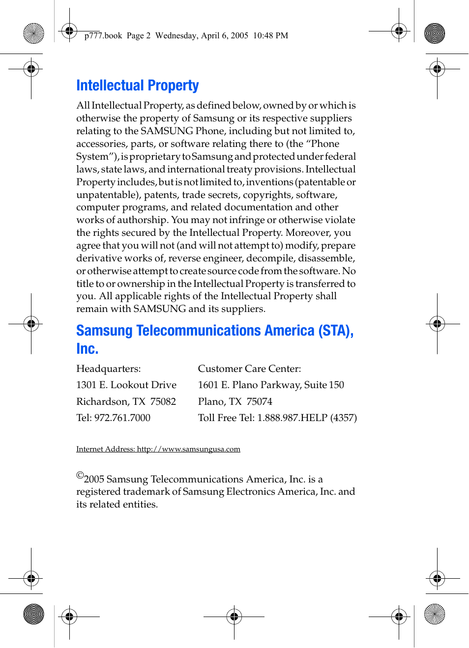 Intellectual property, Samsung telecommunications america (sta), inc | Samsung P O R T A B L E T R I - M O D E T E L E P H O N E SGH-P777 User Manual | Page 2 / 205