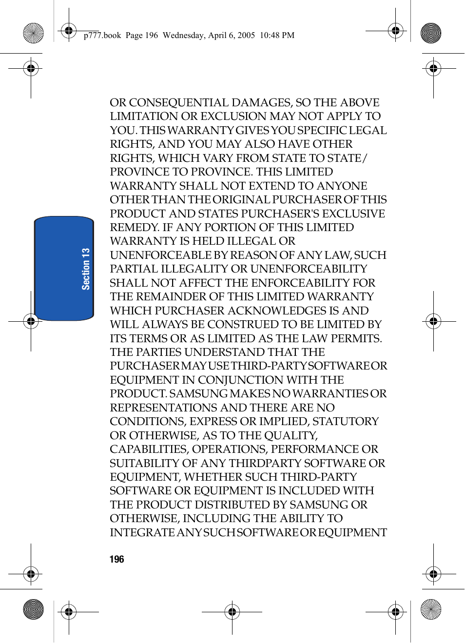 Samsung P O R T A B L E T R I - M O D E T E L E P H O N E SGH-P777 User Manual | Page 200 / 205