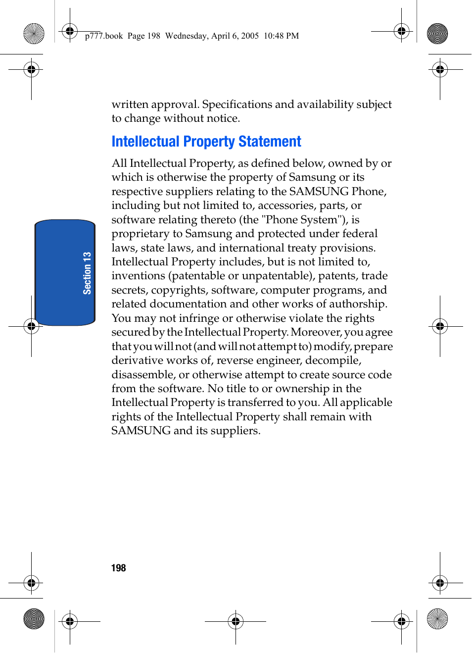 Intellectual property statement | Samsung P O R T A B L E T R I - M O D E T E L E P H O N E SGH-P777 User Manual | Page 202 / 205