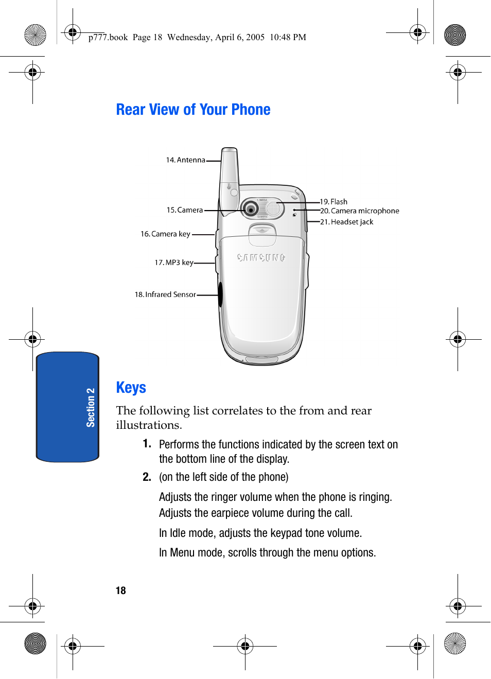 Rear view of your phone, Keys, Rear view of your phone keys | Samsung P O R T A B L E T R I - M O D E T E L E P H O N E SGH-P777 User Manual | Page 22 / 205