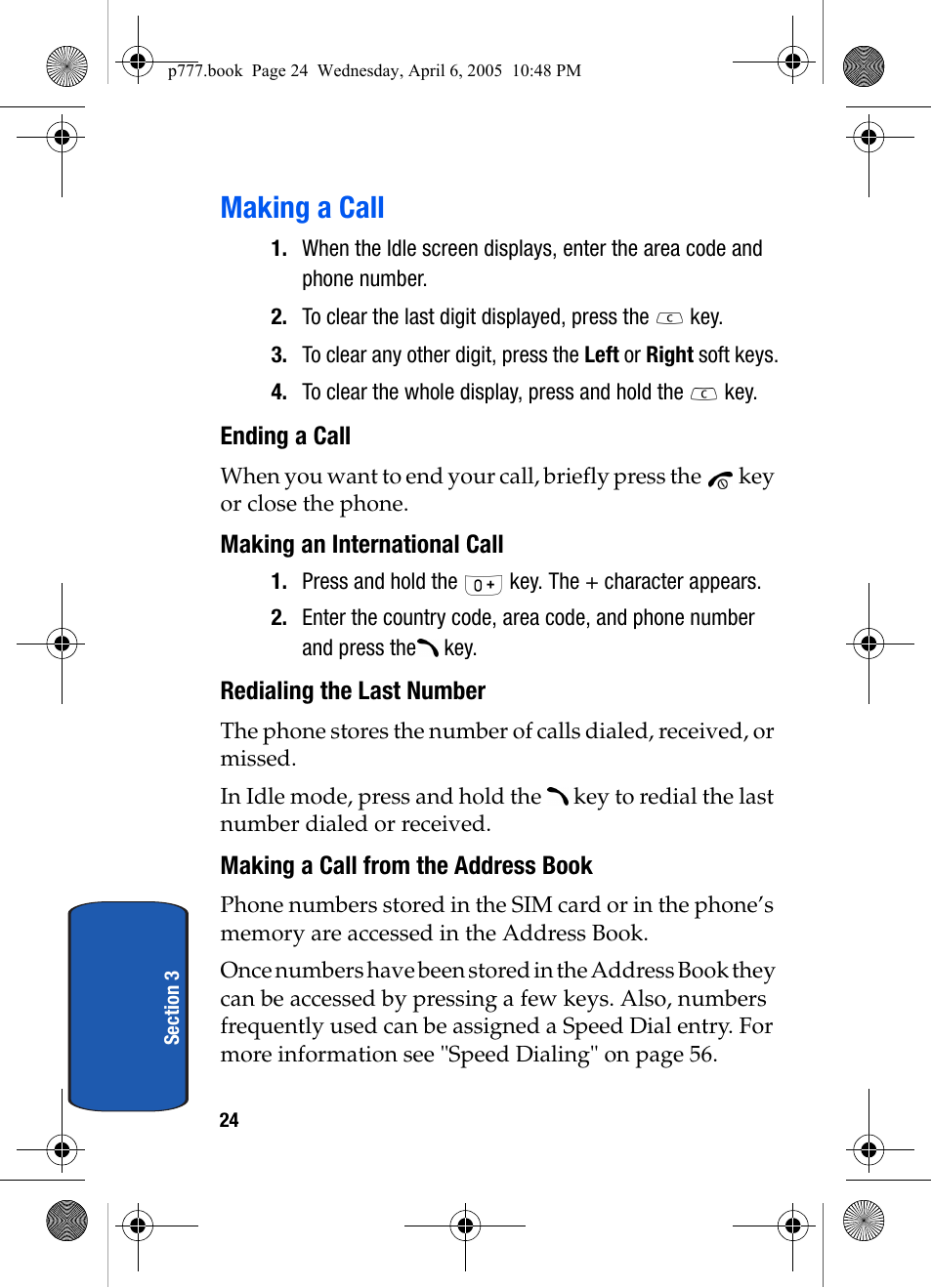 Making a call, Ending a call, Making an international call | Redialing the last number, Making a call from the address book | Samsung P O R T A B L E T R I - M O D E T E L E P H O N E SGH-P777 User Manual | Page 28 / 205