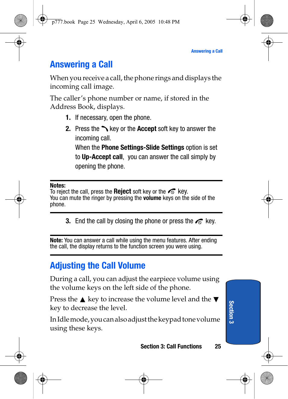 Answering a call, Adjusting the call volume, Answering a call adjusting the call volume | Samsung P O R T A B L E T R I - M O D E T E L E P H O N E SGH-P777 User Manual | Page 29 / 205