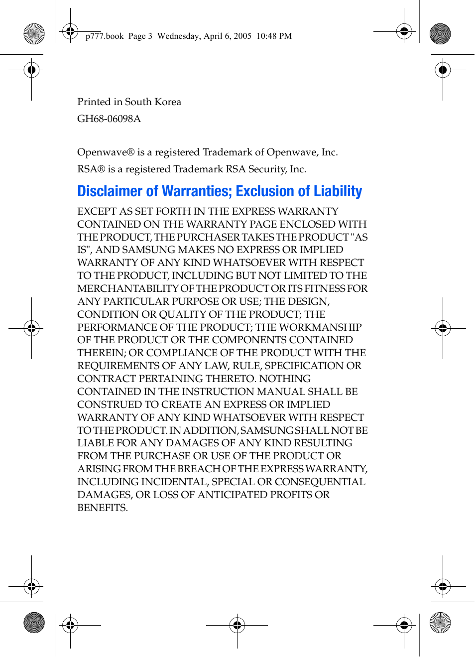 Disclaimer of warranties; exclusion of liability | Samsung P O R T A B L E T R I - M O D E T E L E P H O N E SGH-P777 User Manual | Page 3 / 205