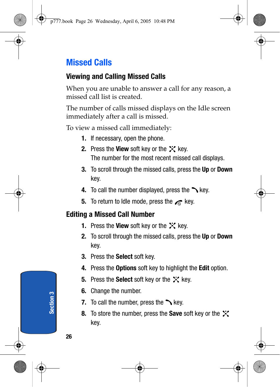 Missed calls, Viewing and calling missed calls, Editing a missed call number | Samsung P O R T A B L E T R I - M O D E T E L E P H O N E SGH-P777 User Manual | Page 30 / 205