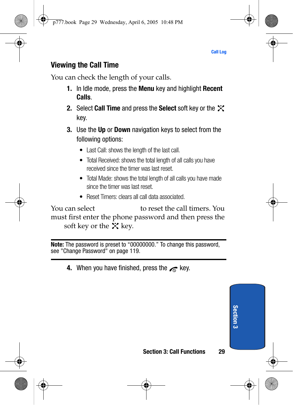 Viewing the call time | Samsung P O R T A B L E T R I - M O D E T E L E P H O N E SGH-P777 User Manual | Page 33 / 205