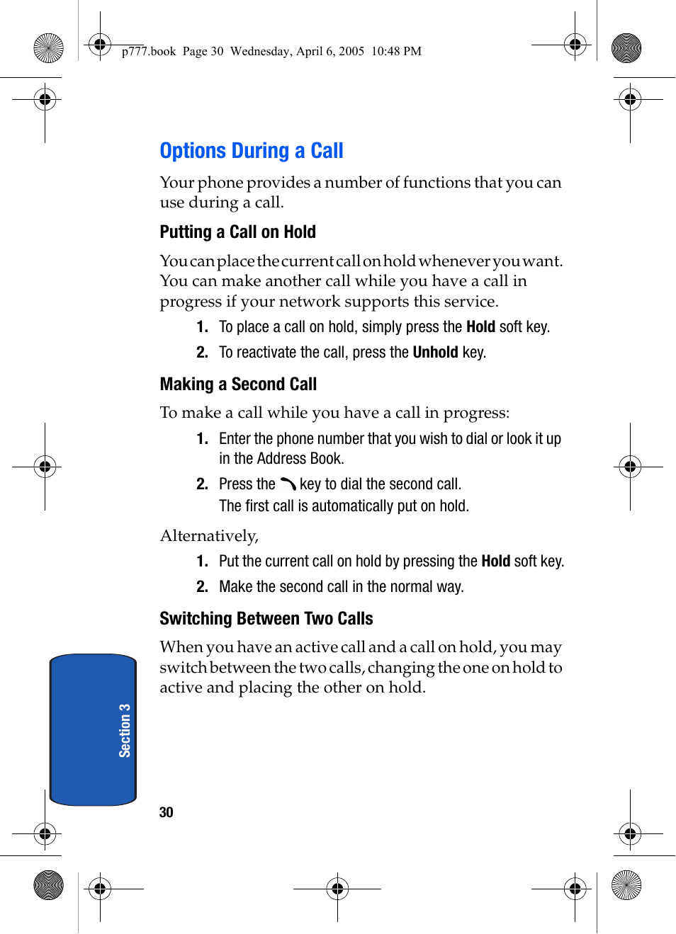 Options during a call, Putting a call on hold, Making a second call | Switching between two calls | Samsung P O R T A B L E T R I - M O D E T E L E P H O N E SGH-P777 User Manual | Page 34 / 205