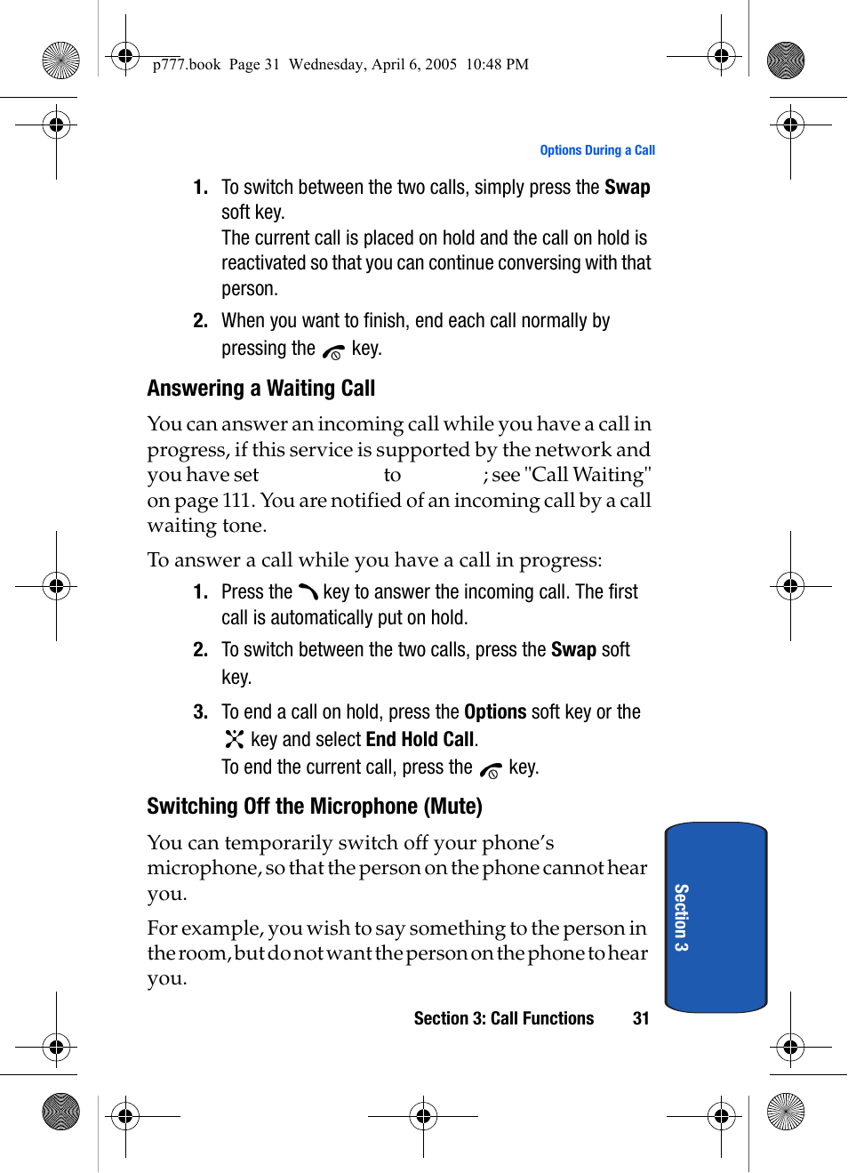 Answering a waiting call, Switching off the microphone (mute) | Samsung P O R T A B L E T R I - M O D E T E L E P H O N E SGH-P777 User Manual | Page 35 / 205