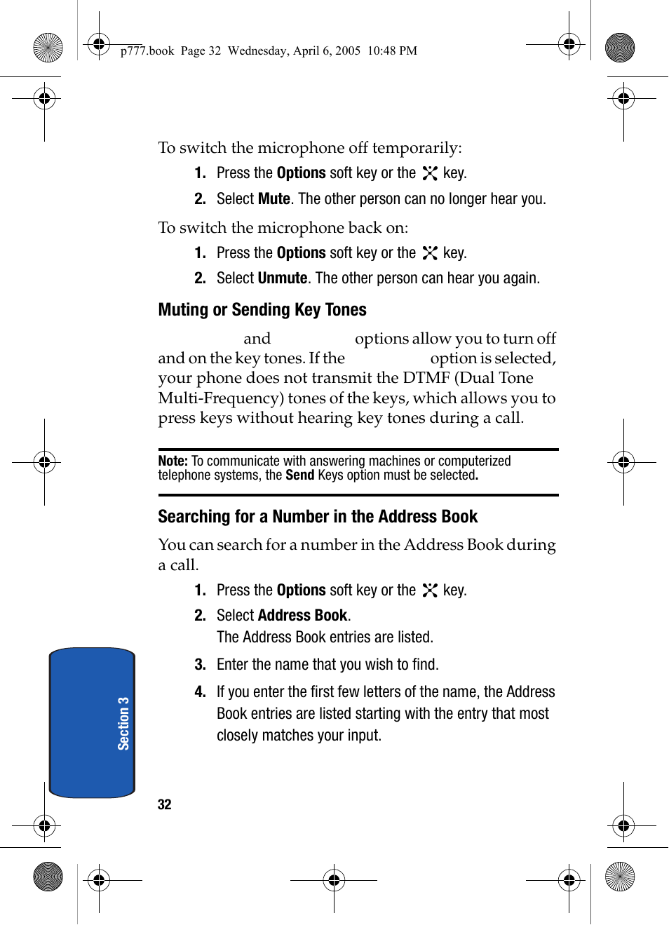 Muting or sending key tones, Searching for a number in the address book | Samsung P O R T A B L E T R I - M O D E T E L E P H O N E SGH-P777 User Manual | Page 36 / 205
