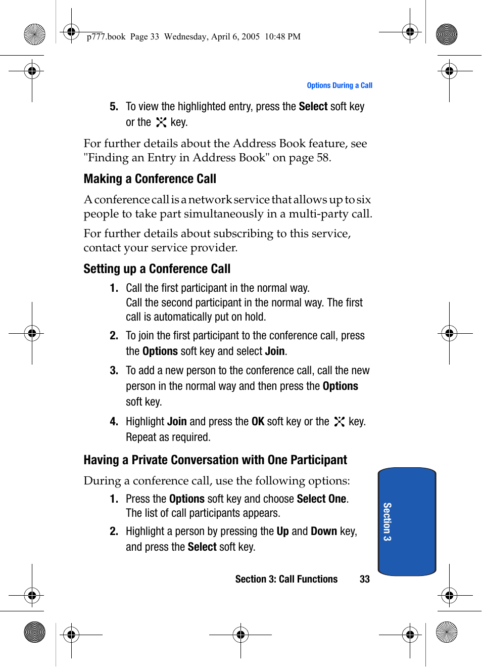 Making a conference call, Setting up a conference call, Having a private conversation with one participant | Samsung P O R T A B L E T R I - M O D E T E L E P H O N E SGH-P777 User Manual | Page 37 / 205