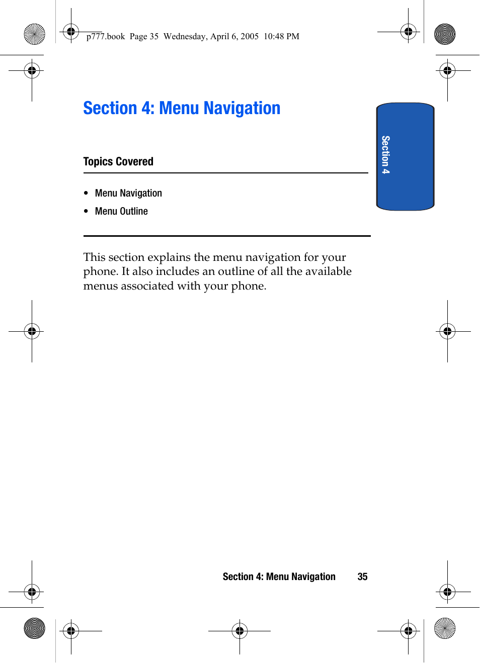 Section 4: menu navigation | Samsung P O R T A B L E T R I - M O D E T E L E P H O N E SGH-P777 User Manual | Page 39 / 205