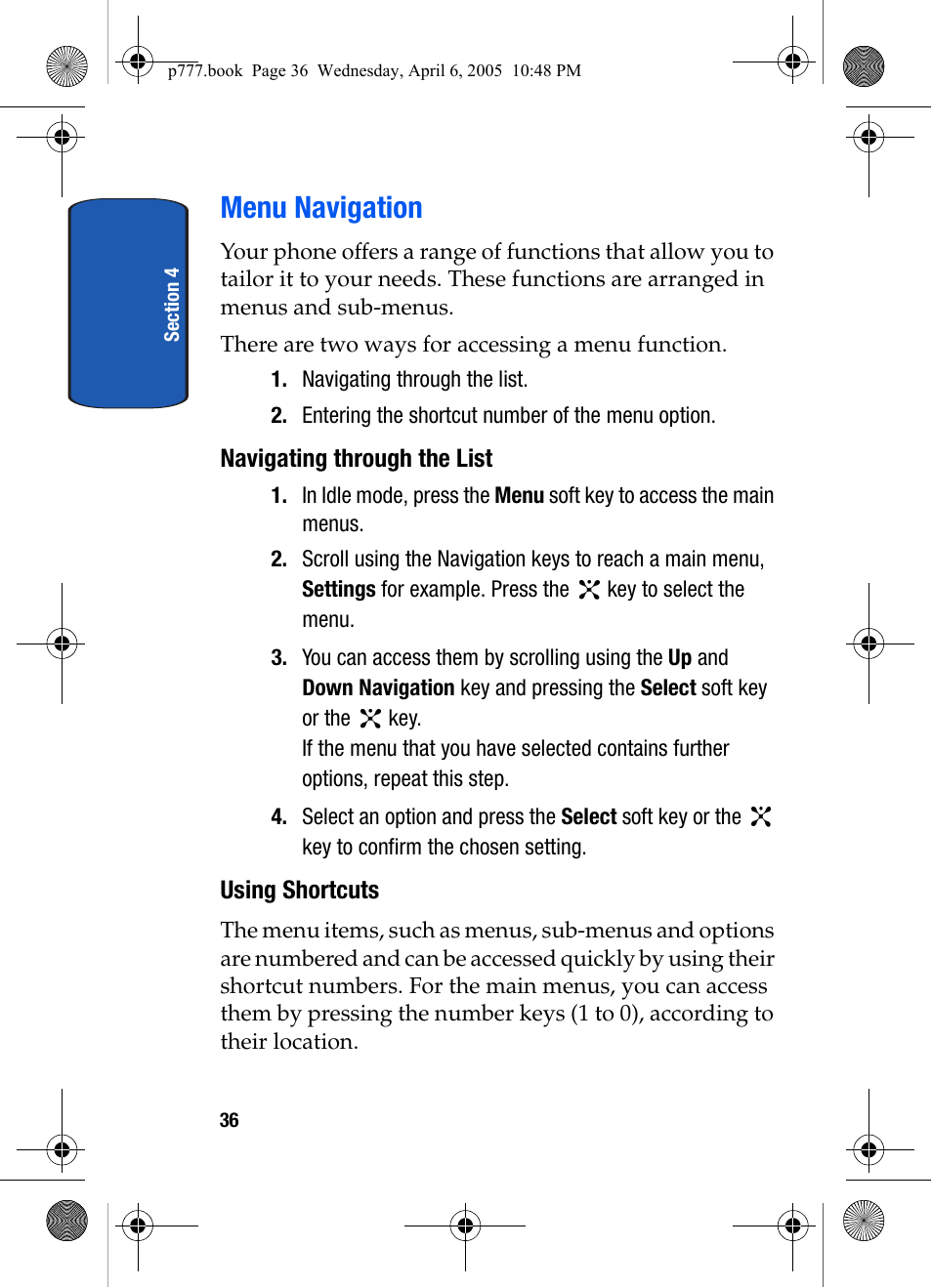 Menu navigation, Navigating through the list, Using shortcuts | Samsung P O R T A B L E T R I - M O D E T E L E P H O N E SGH-P777 User Manual | Page 40 / 205