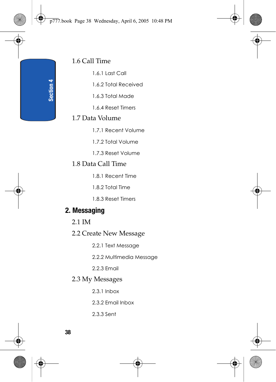 Messaging, 6 call time, 7 data volume | 8 data call time, 1 im 2.2 create new message, 3 my messages | Samsung P O R T A B L E T R I - M O D E T E L E P H O N E SGH-P777 User Manual | Page 42 / 205