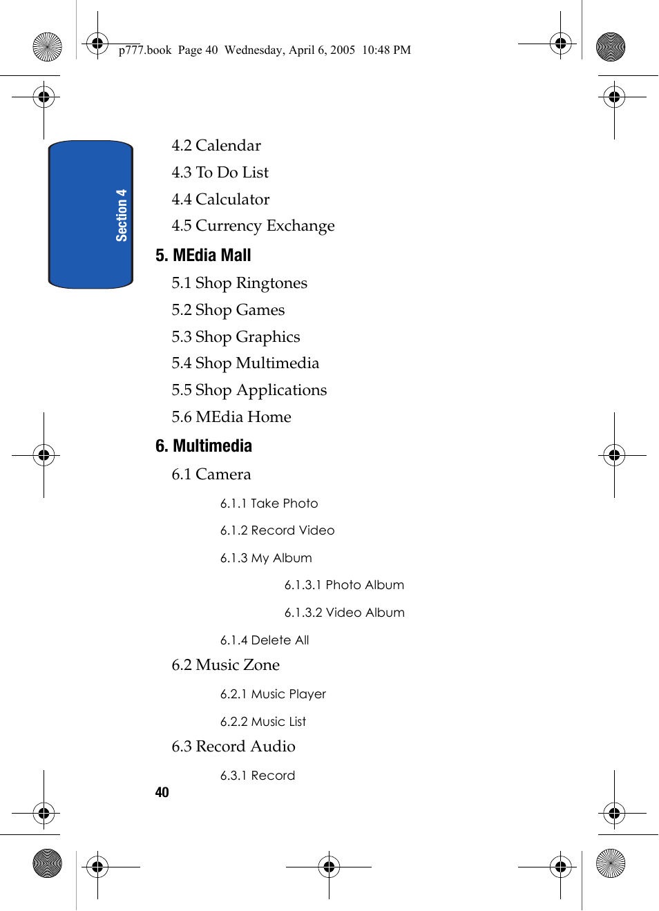 Media mall, Multimedia | Samsung P O R T A B L E T R I - M O D E T E L E P H O N E SGH-P777 User Manual | Page 44 / 205