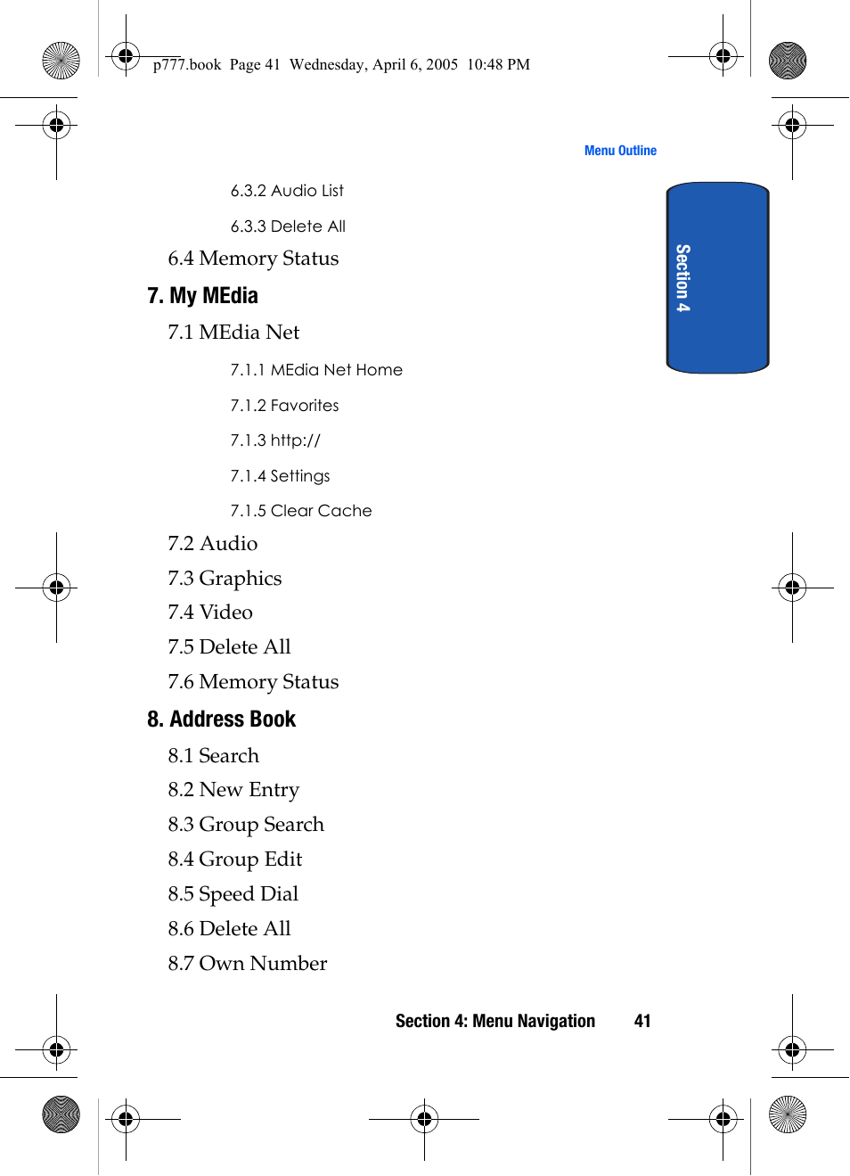 My media, Address book | Samsung P O R T A B L E T R I - M O D E T E L E P H O N E SGH-P777 User Manual | Page 45 / 205