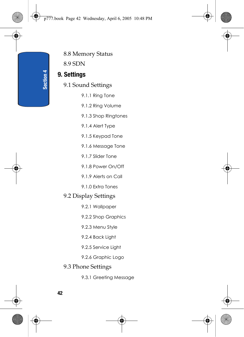 Settings, 1 sound settings, 2 display settings | 3 phone settings | Samsung P O R T A B L E T R I - M O D E T E L E P H O N E SGH-P777 User Manual | Page 46 / 205