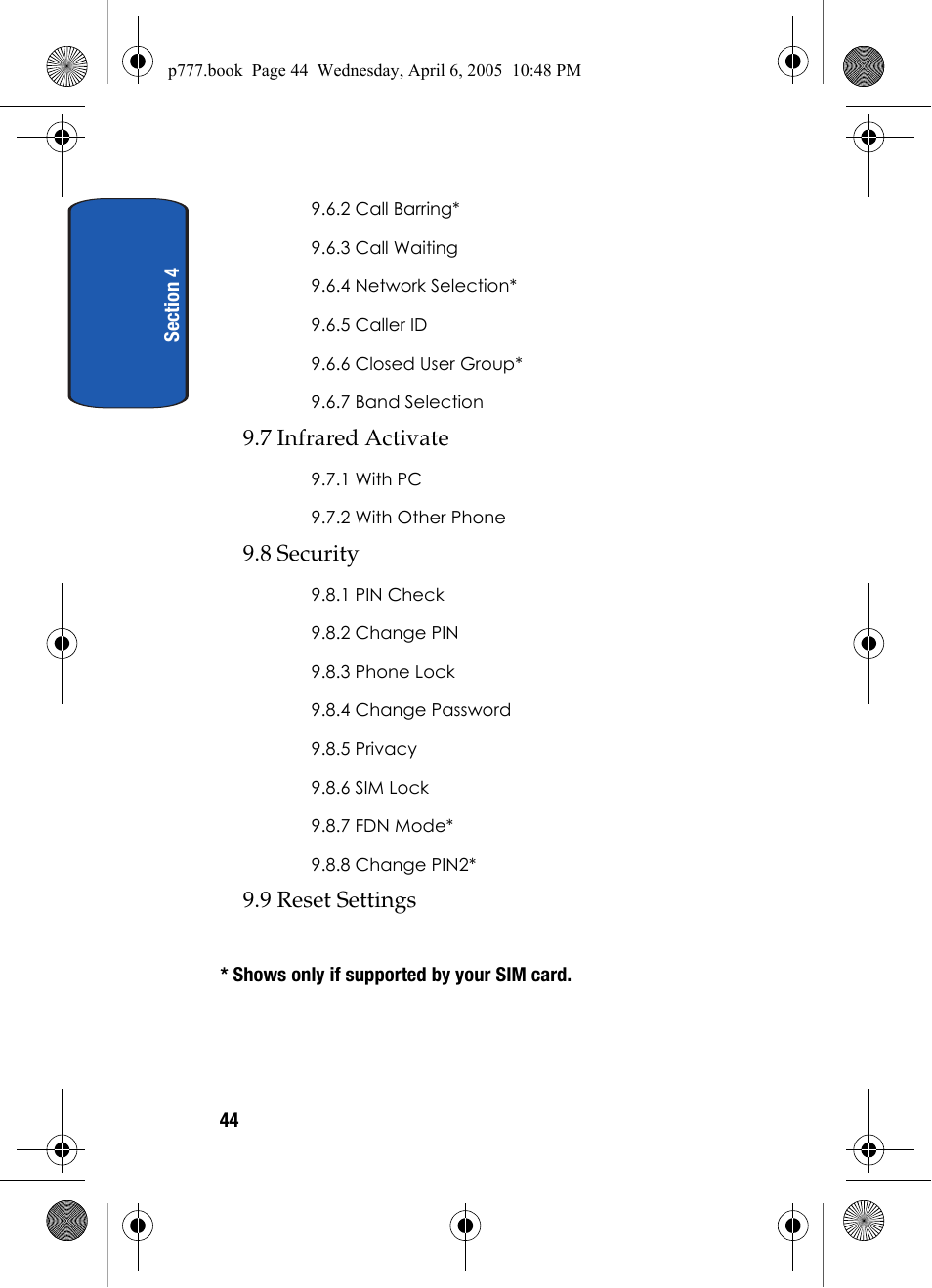 7 infrared activate, 8 security, 9 reset settings | Samsung P O R T A B L E T R I - M O D E T E L E P H O N E SGH-P777 User Manual | Page 48 / 205