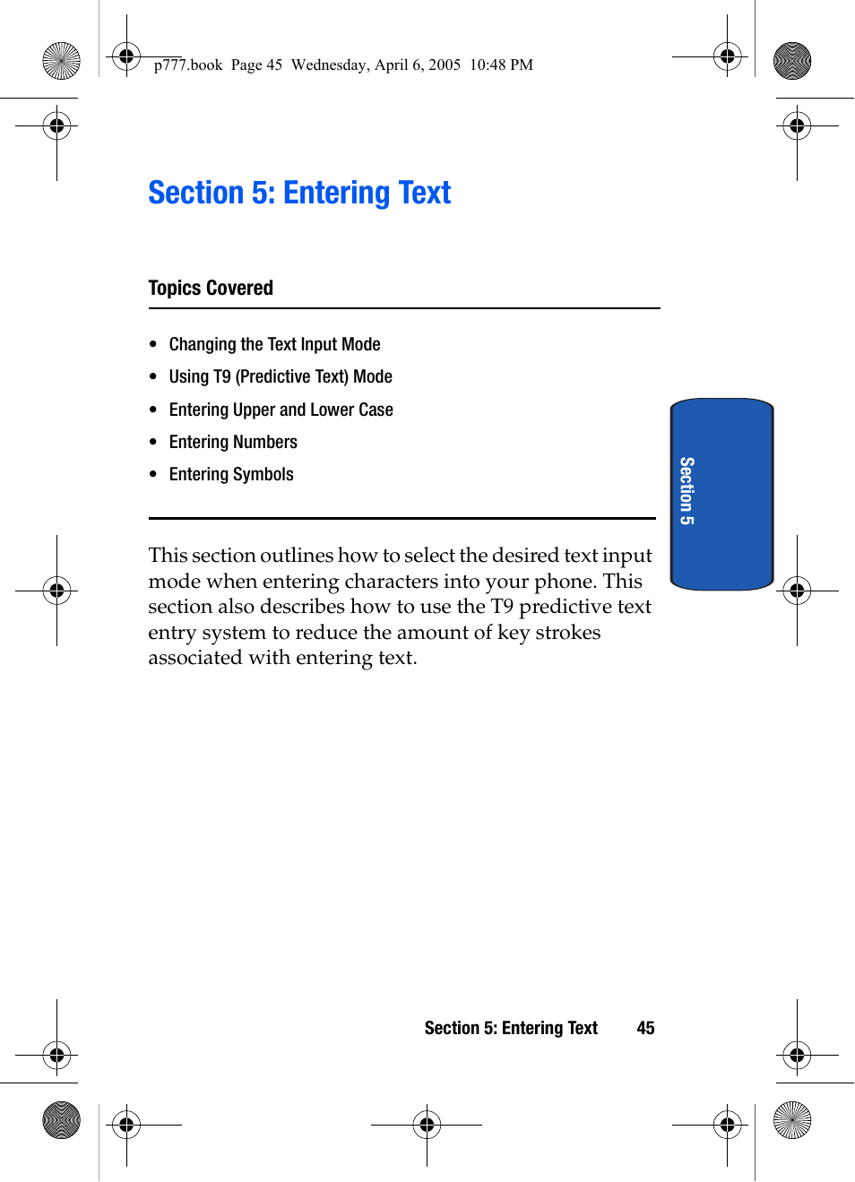 Section 5: entering text | Samsung P O R T A B L E T R I - M O D E T E L E P H O N E SGH-P777 User Manual | Page 49 / 205