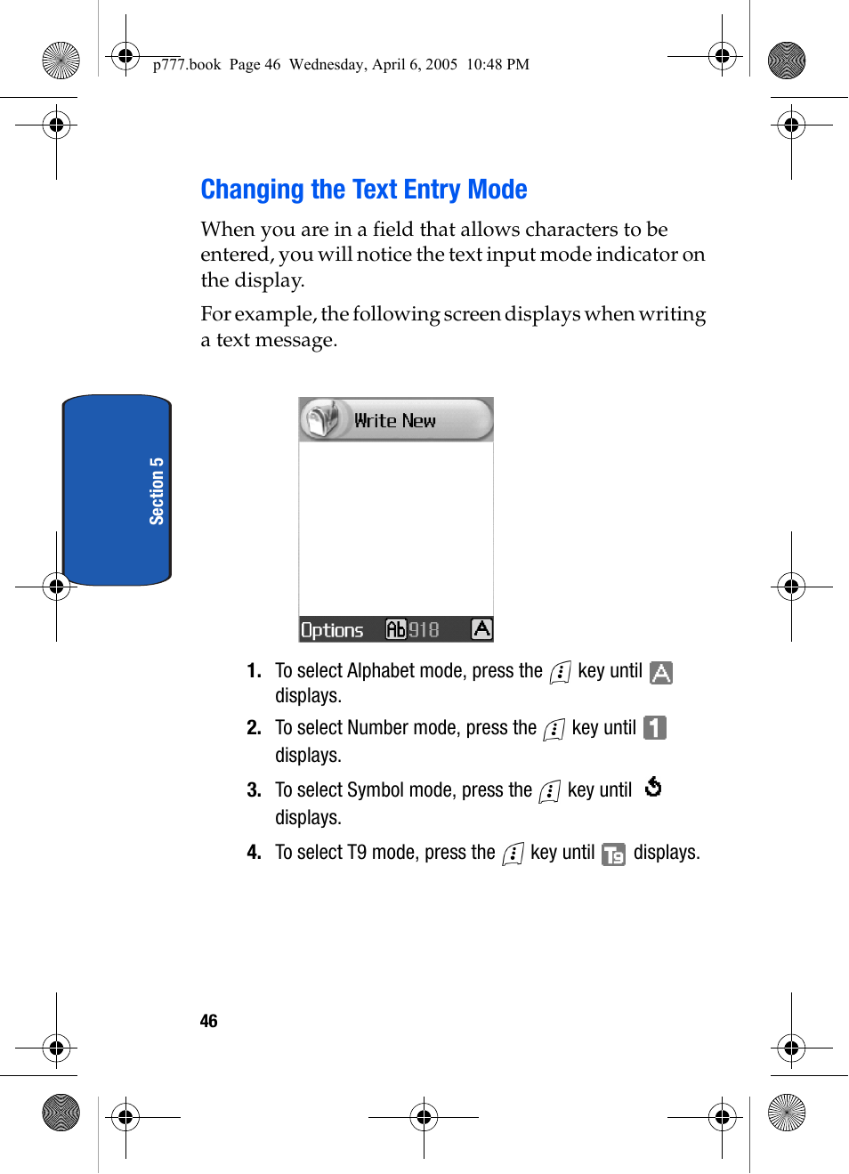 Changing the text entry mode | Samsung P O R T A B L E T R I - M O D E T E L E P H O N E SGH-P777 User Manual | Page 50 / 205