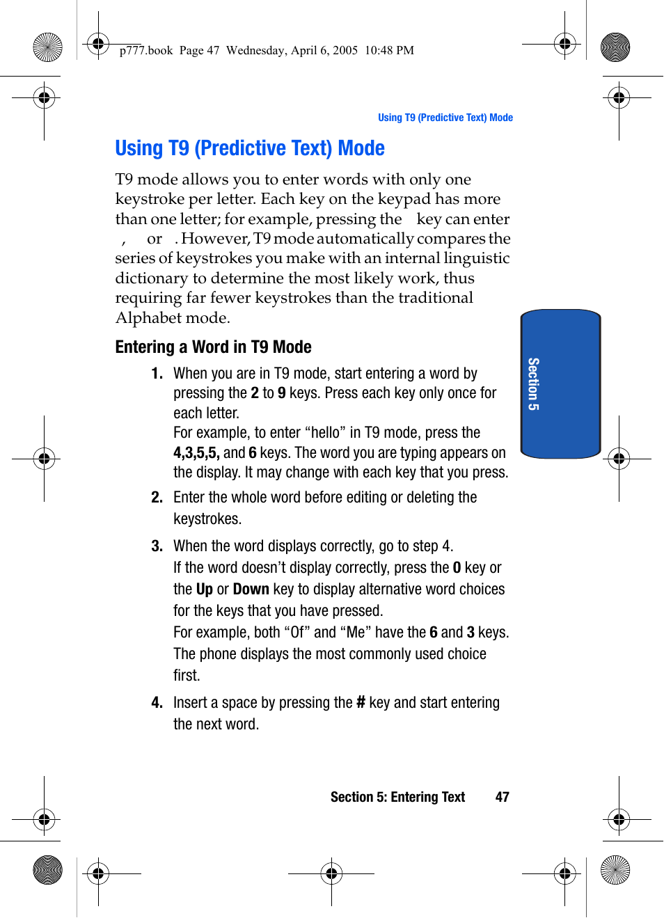 Using t9 (predictive text) mode, Entering a word in t9 mode | Samsung P O R T A B L E T R I - M O D E T E L E P H O N E SGH-P777 User Manual | Page 51 / 205