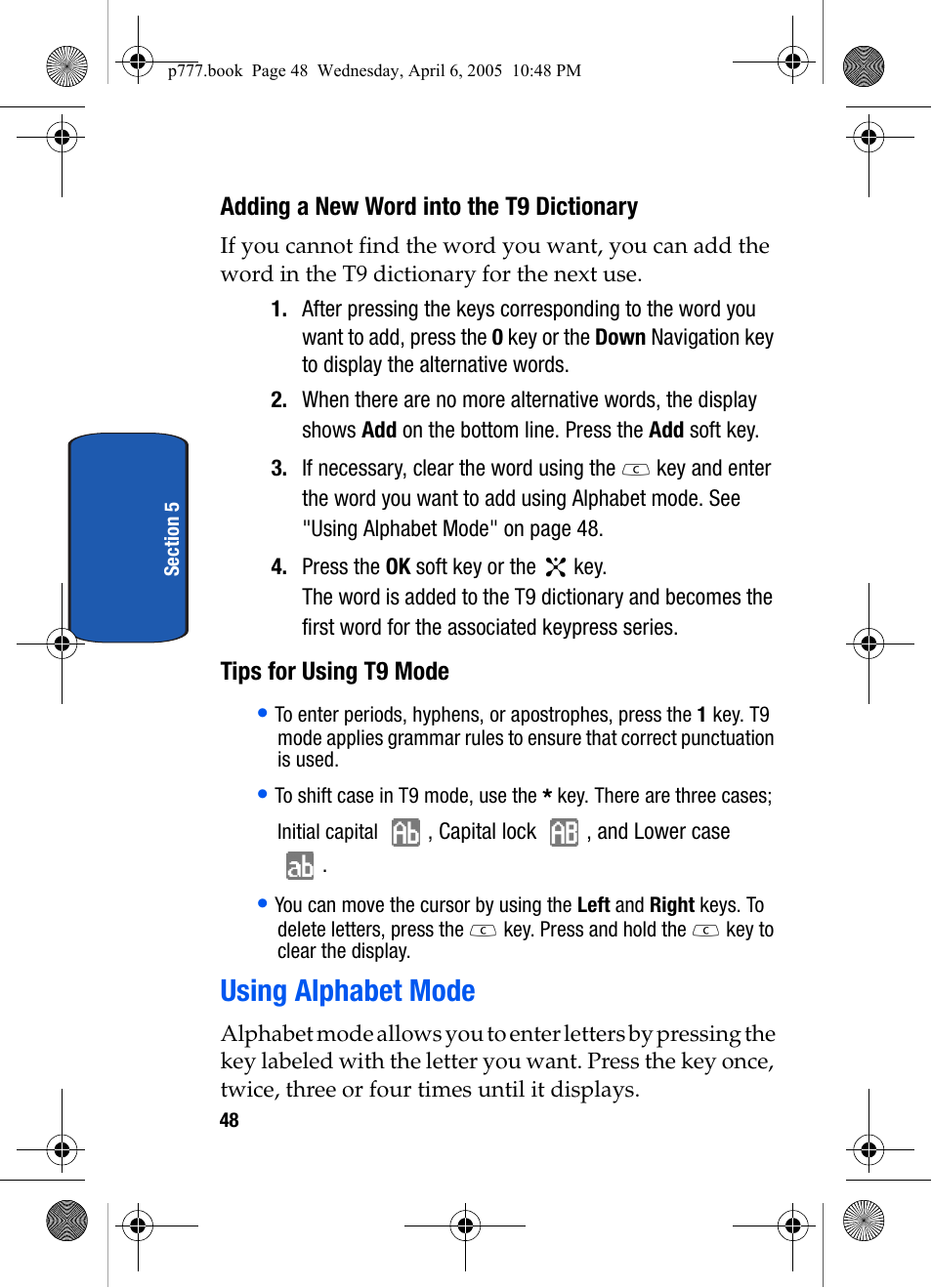 Adding a new word into the t9 dictionary, Tips for using t9 mode, Using alphabet mode | Samsung P O R T A B L E T R I - M O D E T E L E P H O N E SGH-P777 User Manual | Page 52 / 205