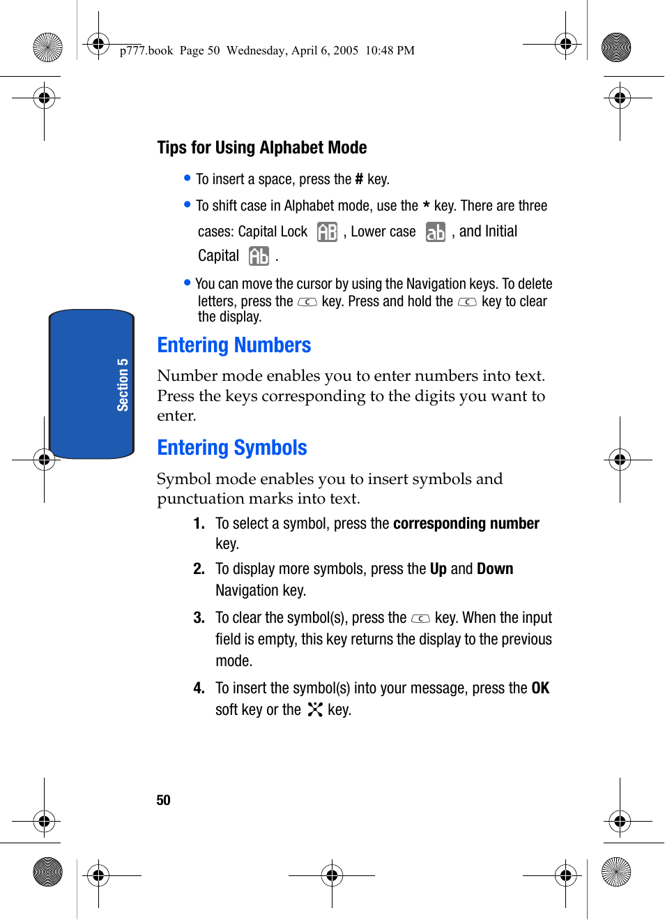 Tips for using alphabet mode, Entering numbers, Entering symbols | Entering numbers entering symbols | Samsung P O R T A B L E T R I - M O D E T E L E P H O N E SGH-P777 User Manual | Page 54 / 205