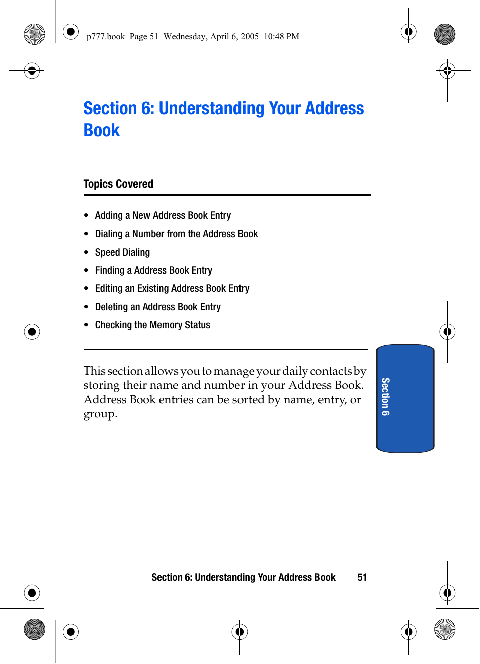 Section 6: understanding your address book, Section 6: understanding your address book 51 | Samsung P O R T A B L E T R I - M O D E T E L E P H O N E SGH-P777 User Manual | Page 55 / 205