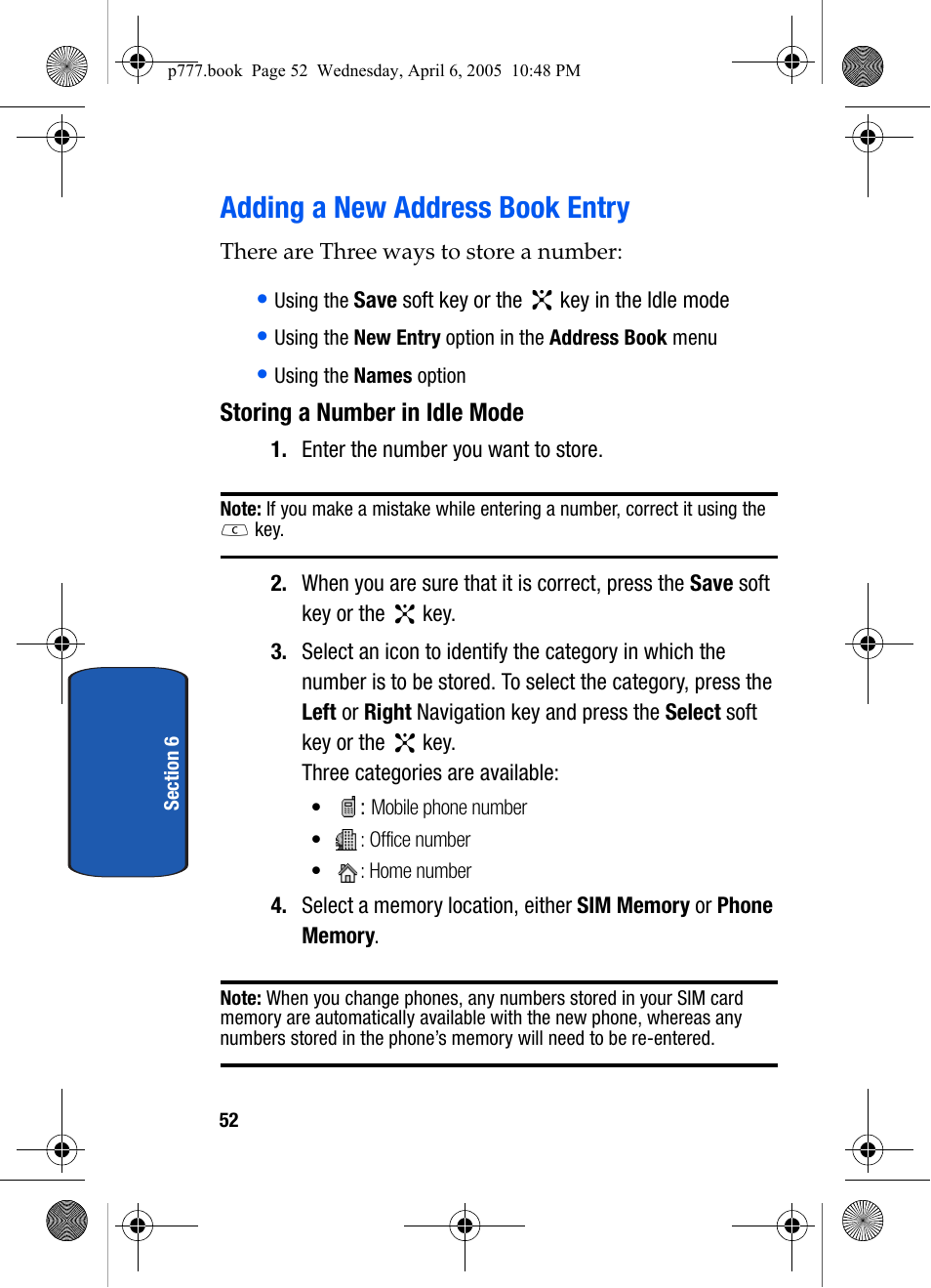 Adding a new address book entry, Storing a number in idle mode | Samsung P O R T A B L E T R I - M O D E T E L E P H O N E SGH-P777 User Manual | Page 56 / 205