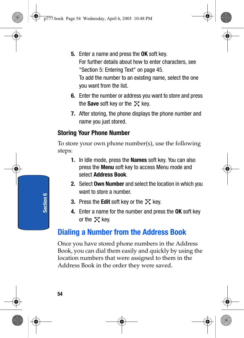 Storing your phone number, Dialing a number from the address book | Samsung P O R T A B L E T R I - M O D E T E L E P H O N E SGH-P777 User Manual | Page 58 / 205